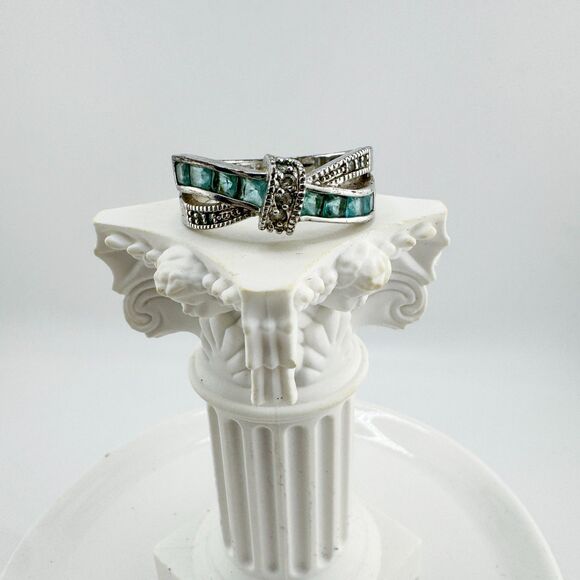 Vintage Silver Tone Bow Ring Green Glass & Marcasite Art Deco Style Glam Retro - Picture 3 of 10